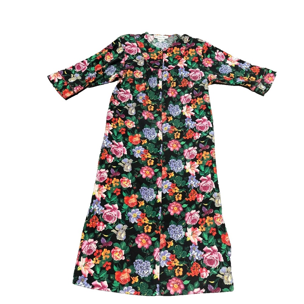 Vintage Christian Dior Nightgown Black Floral Lingerie Rare side slit 70s 80s